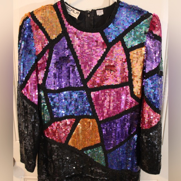 VTG 1980's Scala Geometric Mosaic Abstract Colored Sequin Party Dress SIZE SMALL - Picture 3 of 4